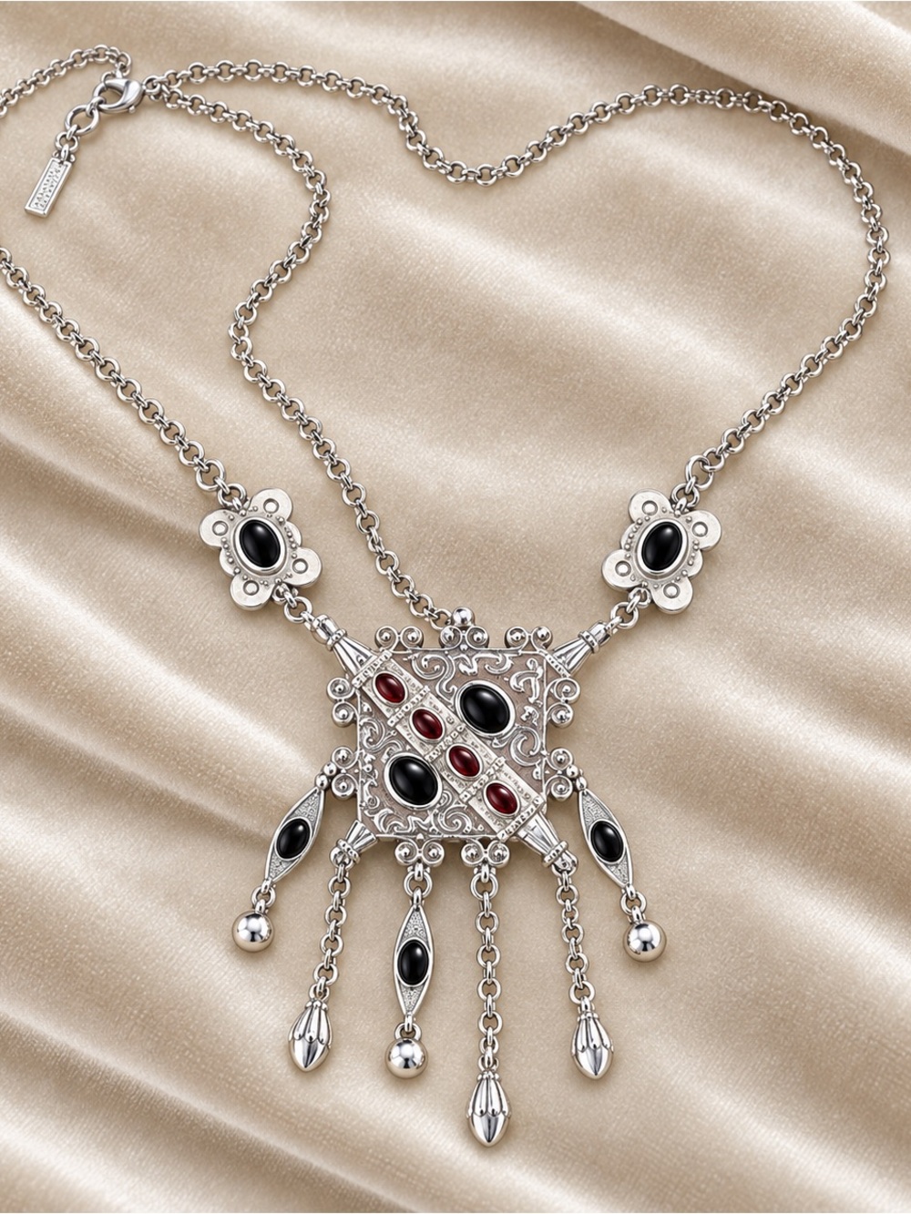 Silver Bohemian Pendant Necklace with Black and Red Stones